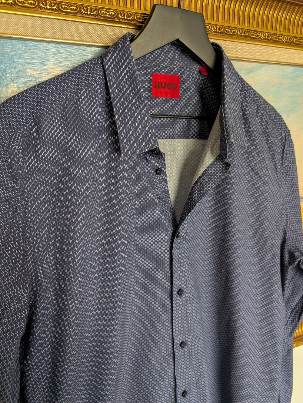 HUGO Men's Navy Micro-Pattern Casual Shirt Large